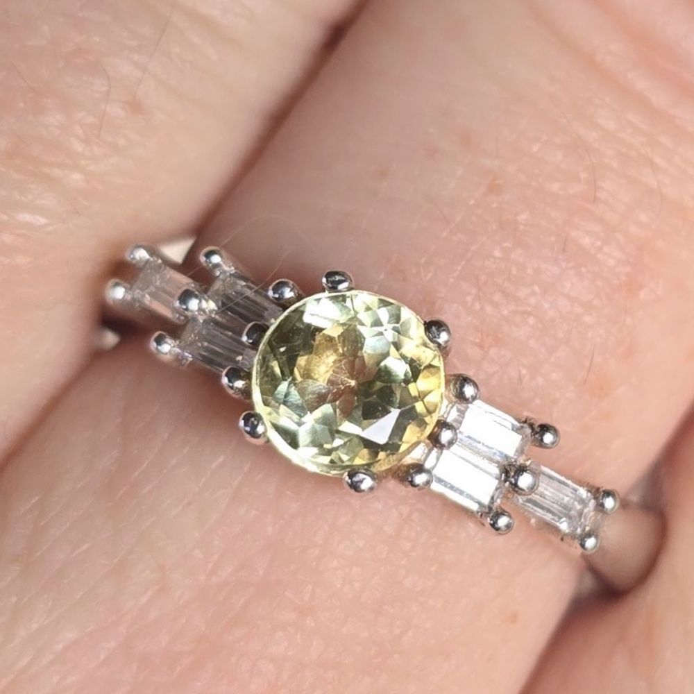 Vintage Genuine Lemon Quartz and CZ Ring in Sterling Silver- US Size 8 1/2